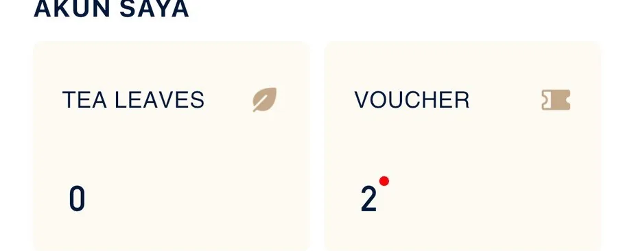 Halaman akun aplikasi CHAGEE menampilkan angka 2 pada kartu Voucher
