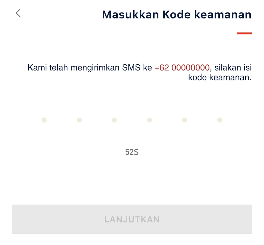 Layar Masukkan Kode keamanan pada pendaftaran aplikasi CHAGEE dengan enam kolom kode SMS