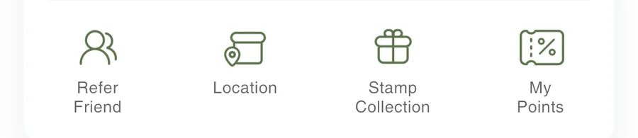 Baris ikon di halaman Beranda aplikasi CHAGEE: Refer Friend, Location, Stamp Collection, My Points