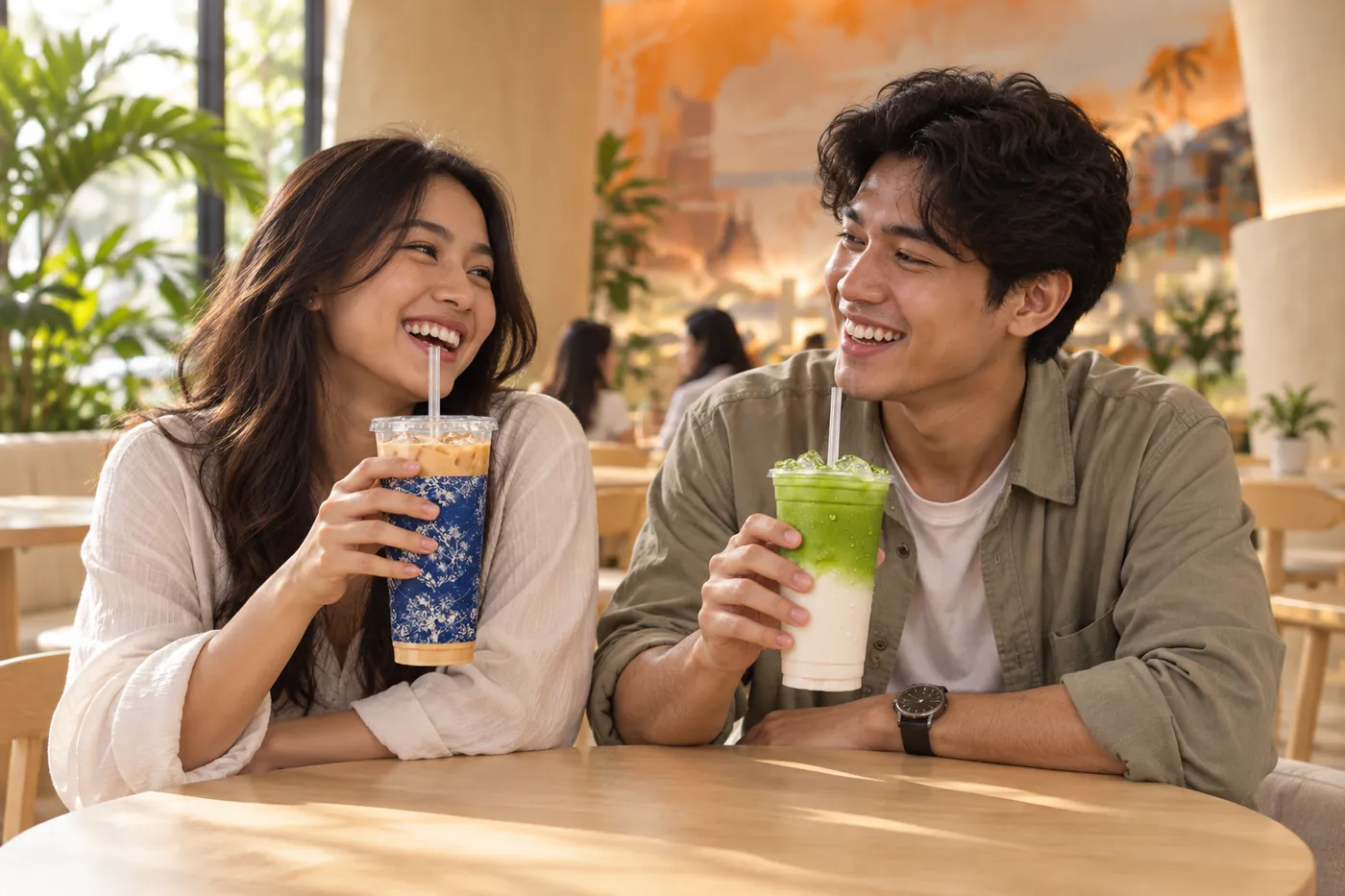Dua teman tertawa di kedai teh, masing-masing memegang segelas milk tea dan matcha latte