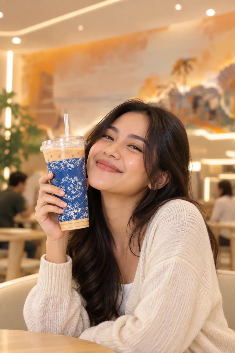 Pelanggan tersenyum memegang segelas milk tea dingin di kedai teh