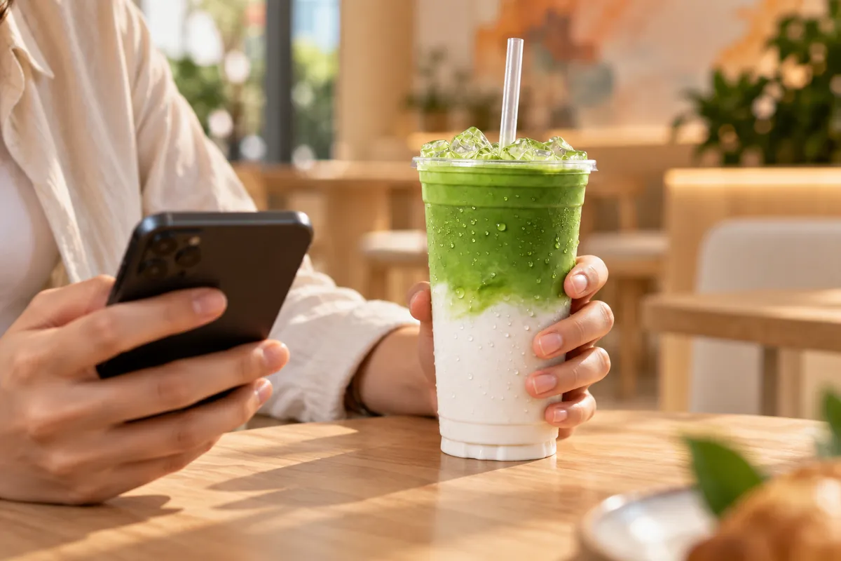Tangan memegang ponsel dan segelas matcha latte di meja kayu kedai teh