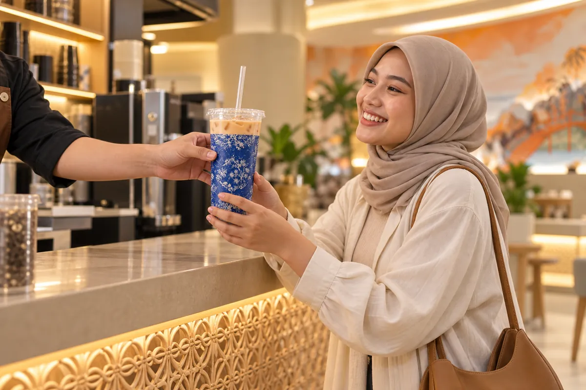Pelanggan menerima segelas milk tea dingin di konter pengambilan kedai teh